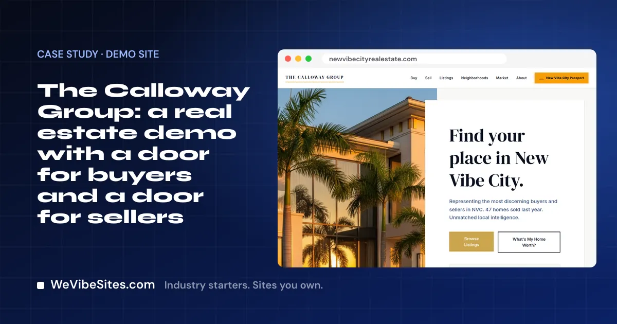 Screenshot of The Calloway Group demo home page beside the post title, on a WeVibeSites.com cover.