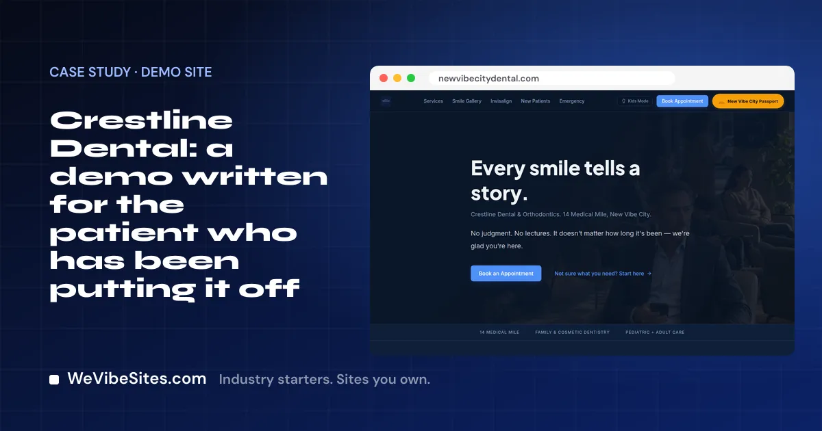 Screenshot of the Crestline Dental & Orthodontics demo home page beside the post title, on a WeVibeSites.com cover.