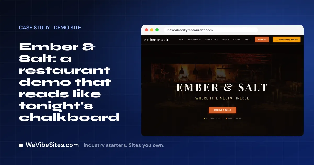 Screenshot of the Ember & Salt demo home page beside the post title, on a WeVibeSites.com cover.