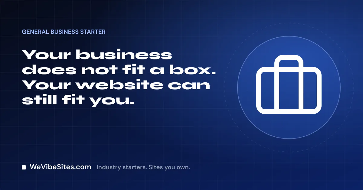 WeVibeSites.com cover for the General business starter: a briefcase beside the post title.