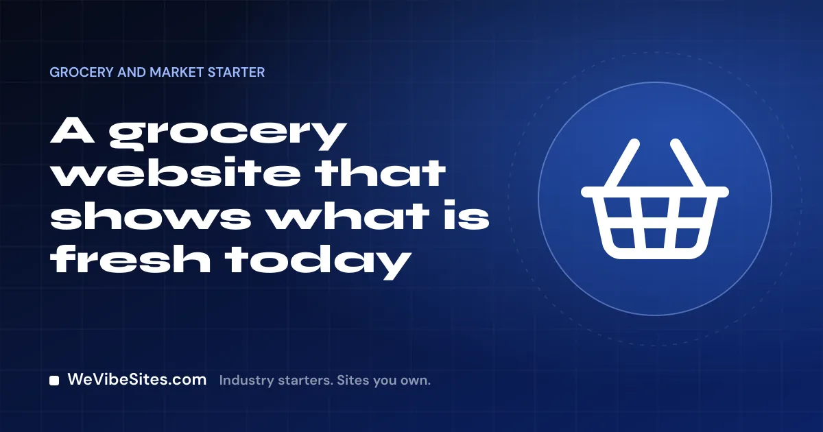 WeVibeSites.com cover for the Grocery and market starter: a shopping basket beside the post title.