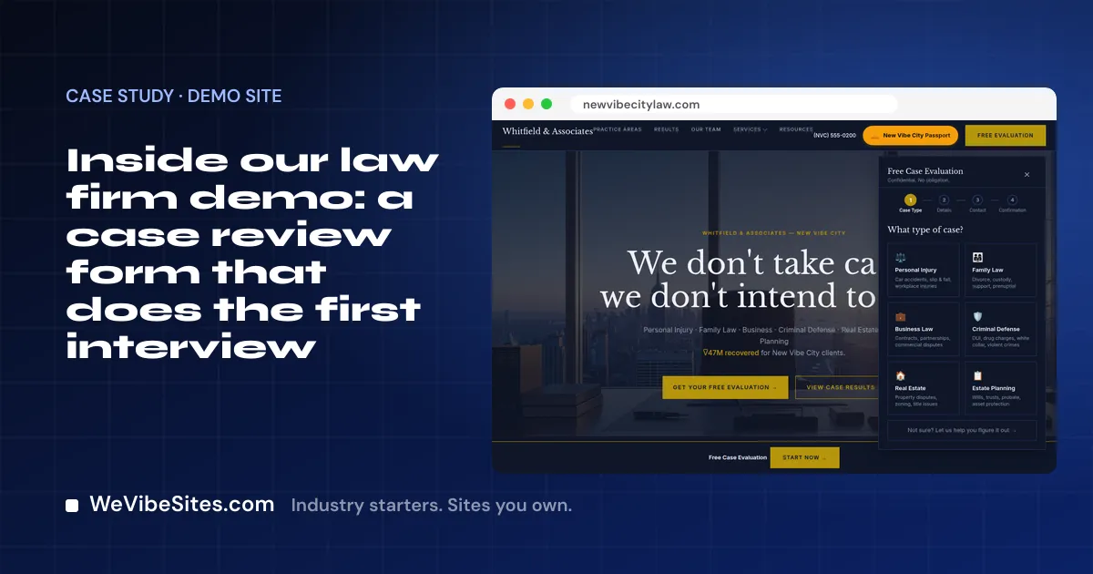 Screenshot of the law firm demo home page at newvibecitylaw.com beside the post title, on a WeVibeSites.com cover.