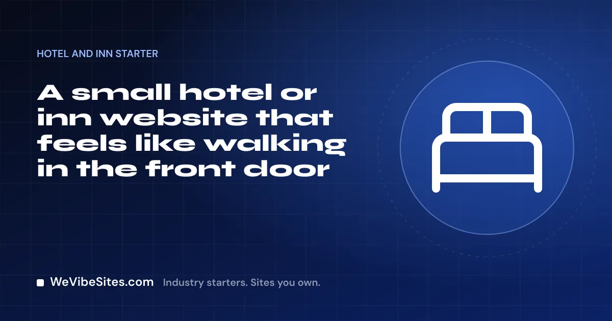 WeVibeSites.com cover for the Hotel and inn starter: a double bed beside the post title.
