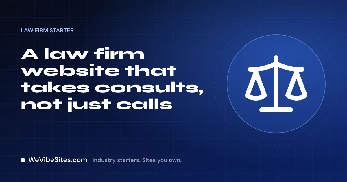 WeVibeSites.com cover for the Law firm starter: a balance scale beside the post title.