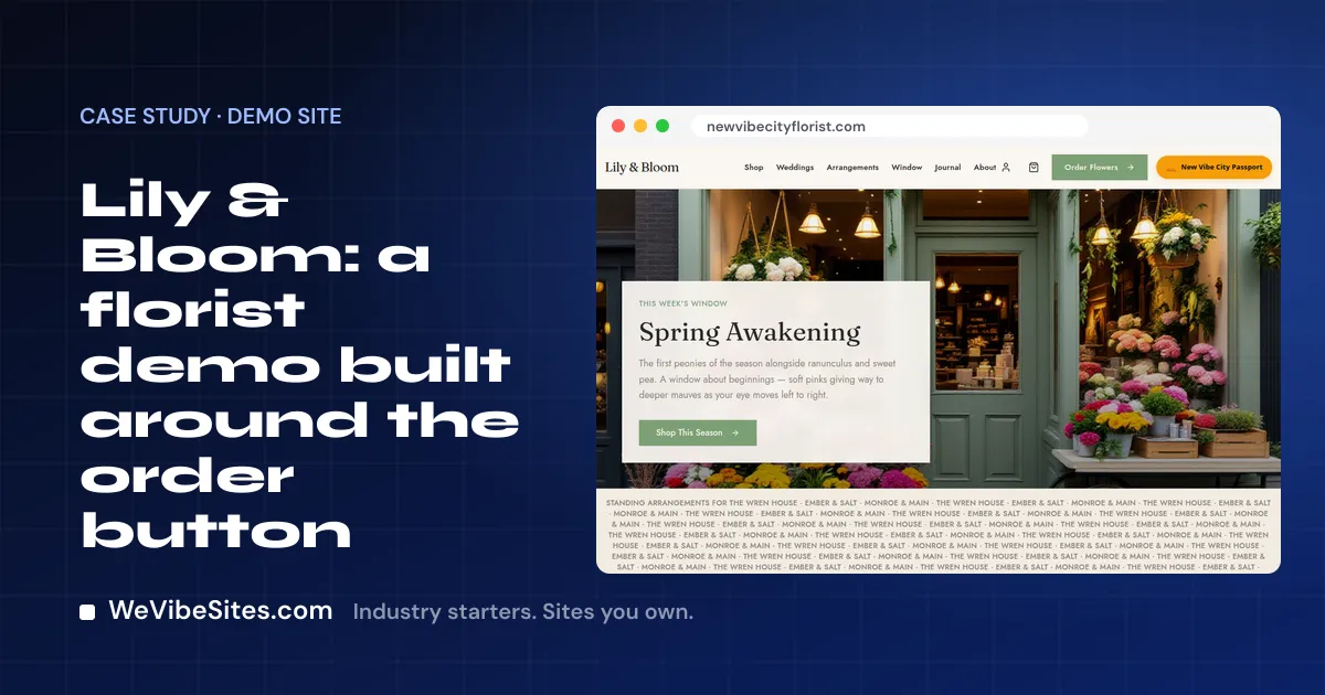 Screenshot of the Lily & Bloom demo home page beside the post title, on a WeVibeSites.com cover.