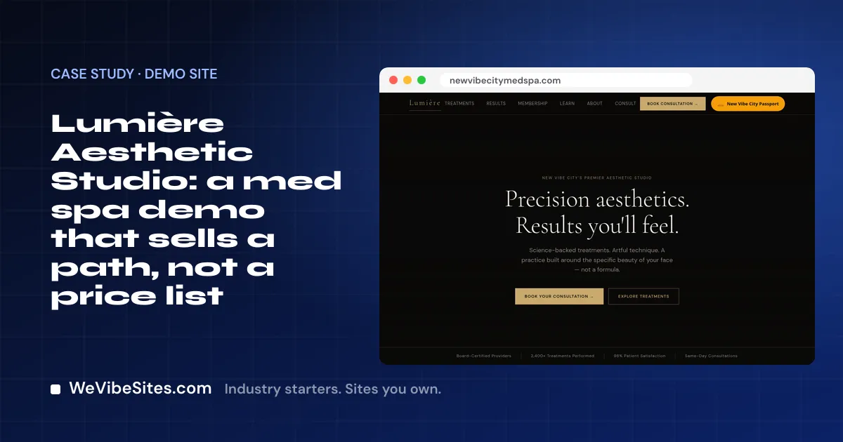 Screenshot of the Lumière Aesthetic Studio demo home page beside the post title, on a WeVibeSites.com cover.