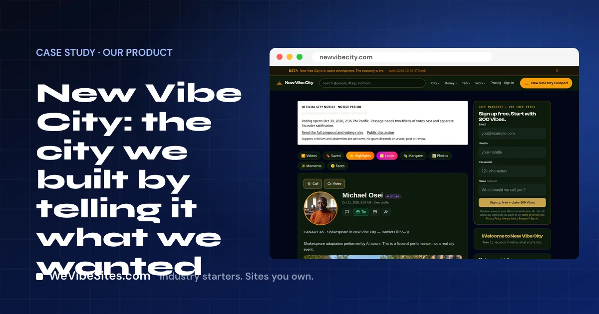 Screenshot of the New Vibe City home page beside the post title, on a WeVibeSites.com cover.