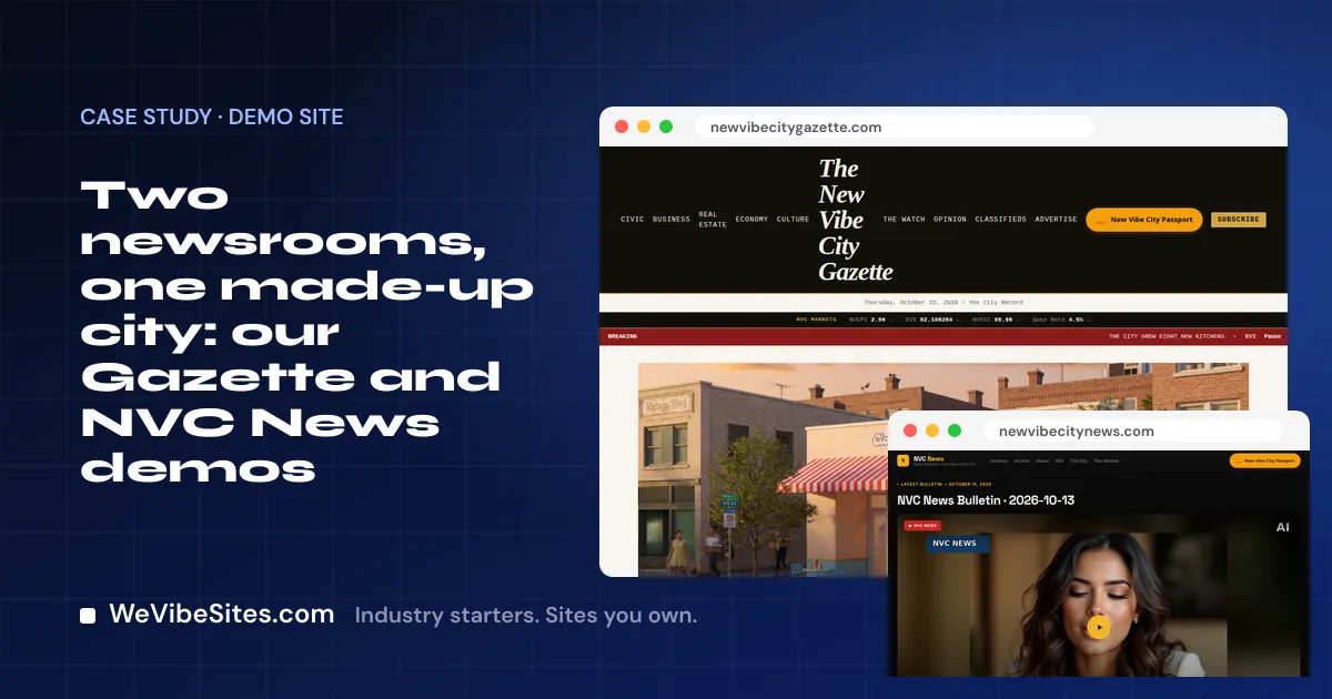 Screenshot of The New Vibe City Gazette demo home page, with the NVC News demo home page beside the post title, on a WeVibeSites.com cover.