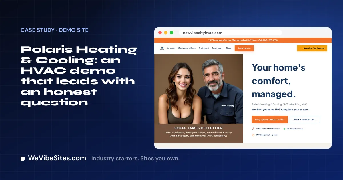 Screenshot of the Polaris Heating & Cooling demo home page beside the post title, on a WeVibeSites.com cover.