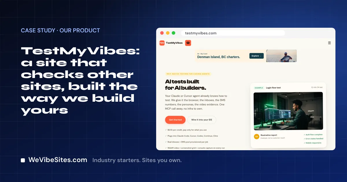 Screenshot of the TestMyVibes home page beside the post title, on a WeVibeSites.com cover.